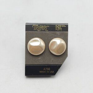 Trifari Cream Pearl Button Earrings With Surgical Steel Posts Made In USA